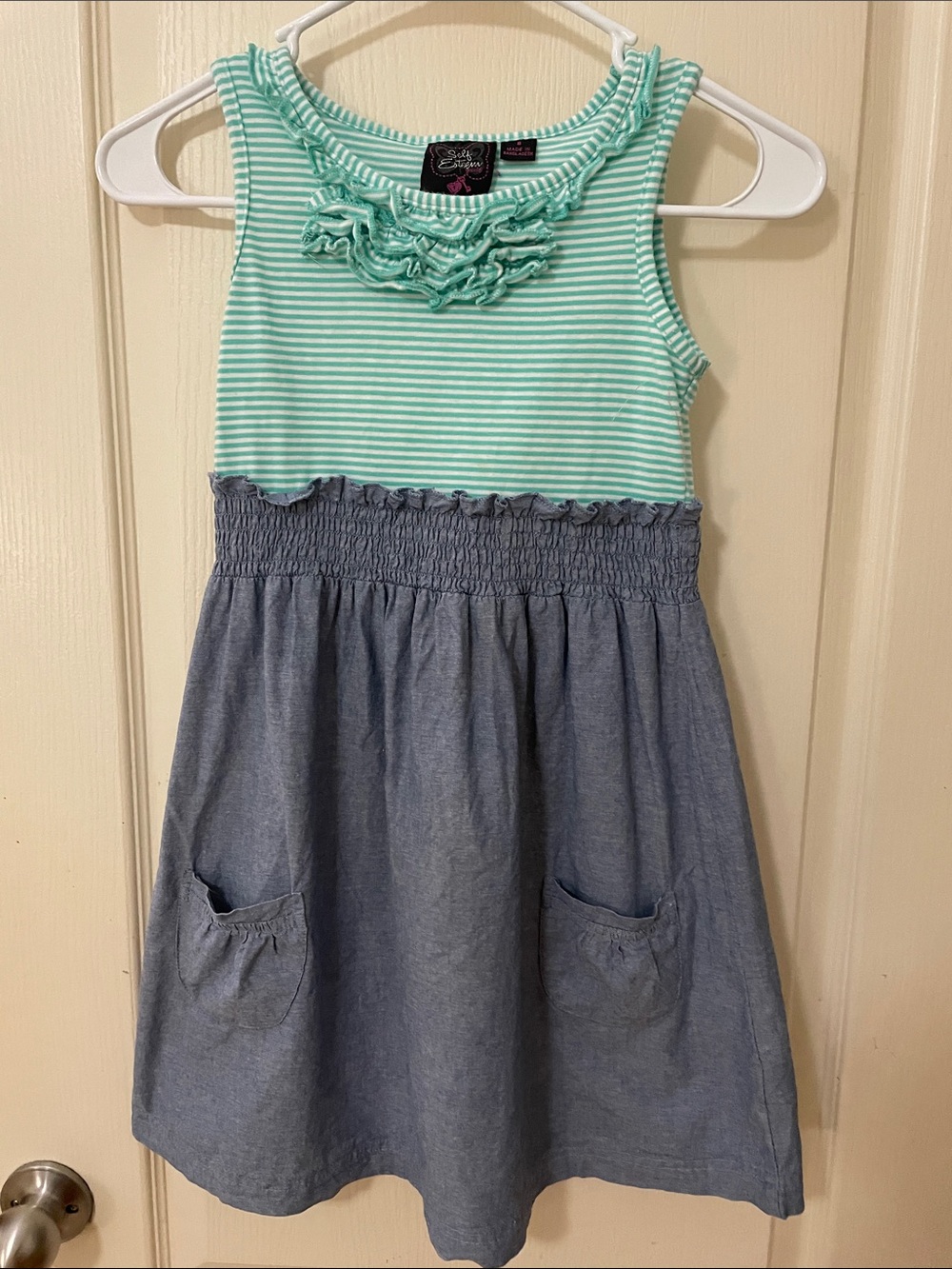 Self Esteem Mint Stripe Top with Chambray Skirt Dress